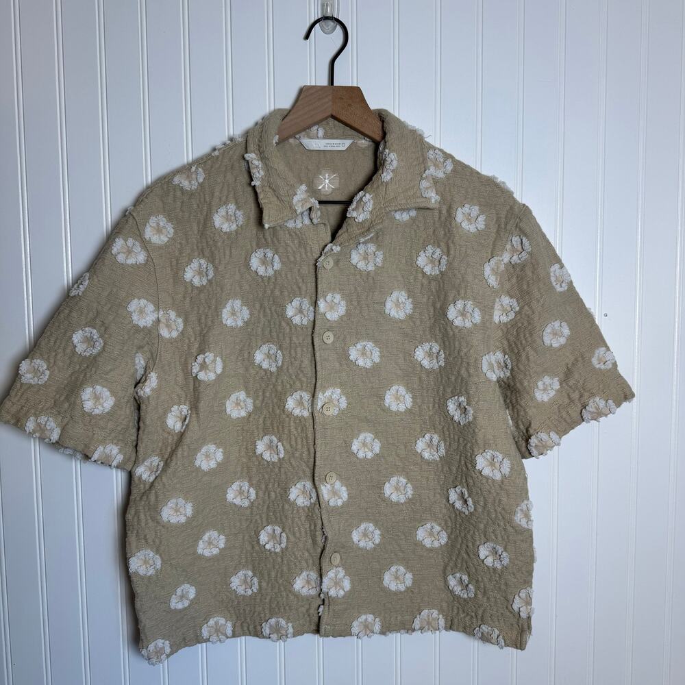 Zara Textured Jacquard Camp Shirt Button Down Men’s Beige & White Size Medium - Picture 2 of 10